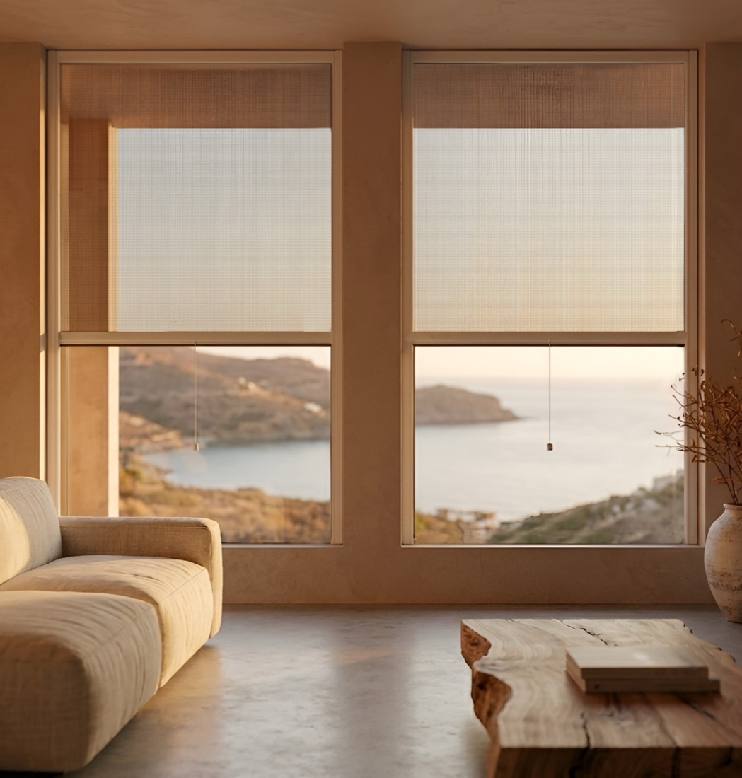Dos ventanas con la mosquitera enrollable vertical Irina bajada hasta la mitad (imagen del fabricante)