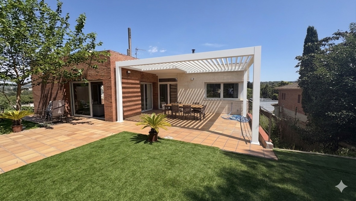 Simulación orientativa de una pérgola bioclimática blanca sobre la fotografía real de la terraza